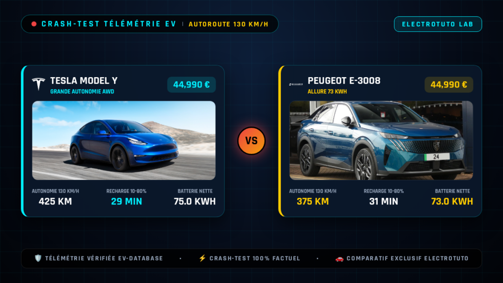 Tesla Model Y vs Peugeot e-3008 : Le crash-test de l'autonomie sur autoroute à 130 km/h